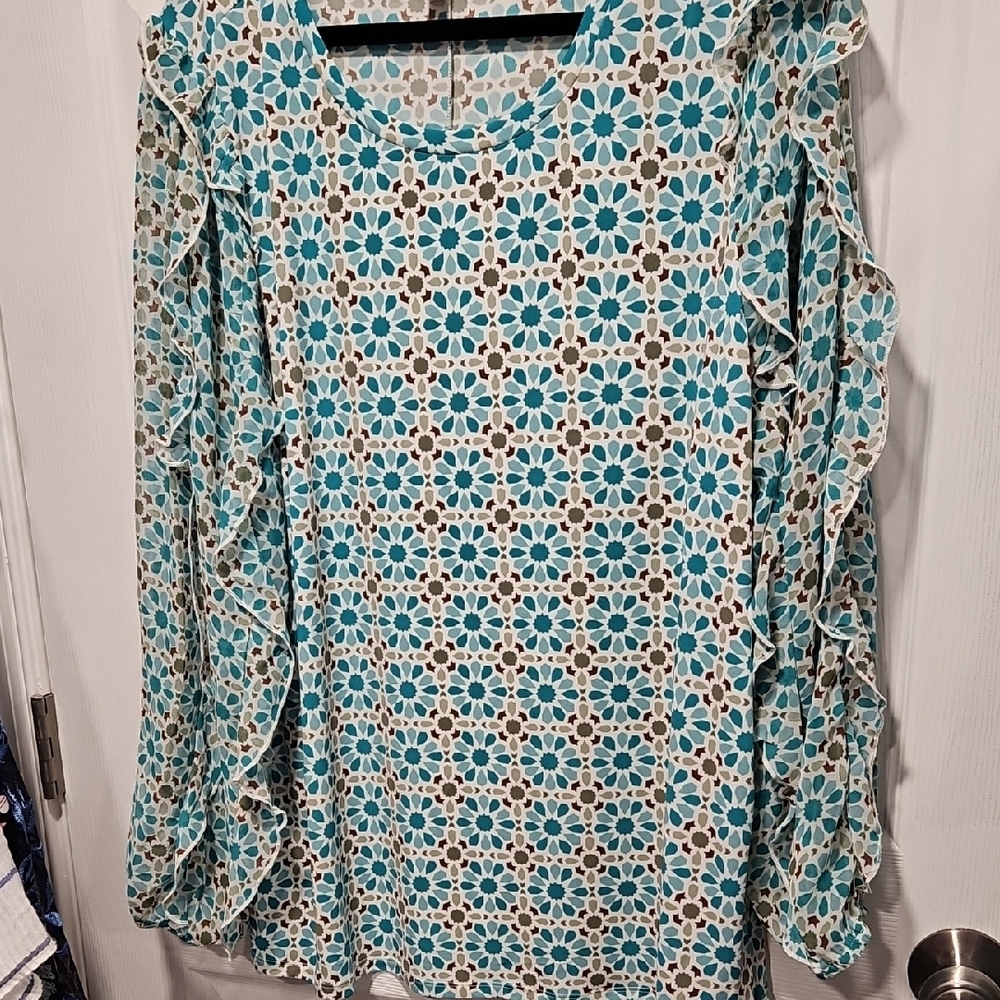 Cato Teal and White Floral Ruffle Blouse